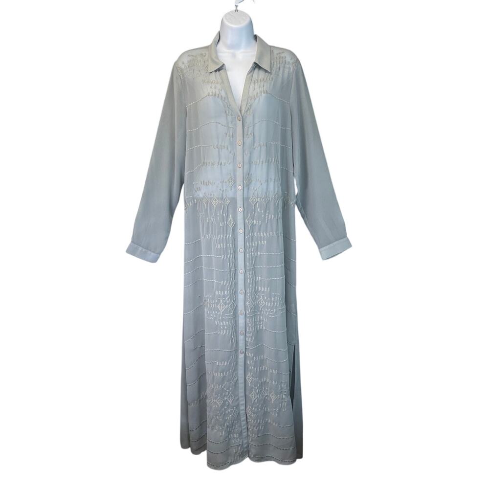 Soft Surroundings Women’s Large Maxi Sheer Duster Soft Gray Embroidery Fairy